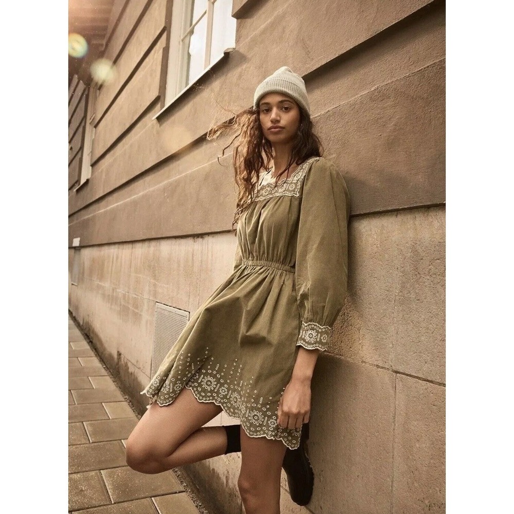 MADEWELL Womens Medium Green Embroidered Square Neck Mini Corduroy Dress